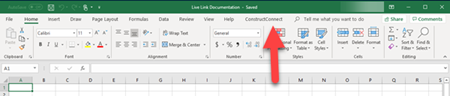 ConstructConnect Excel Live Link tab in Excel