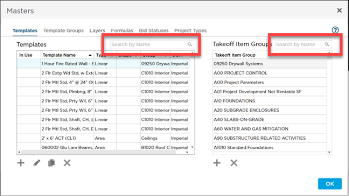 search box on the Takeoff Item Templates tab in Masters