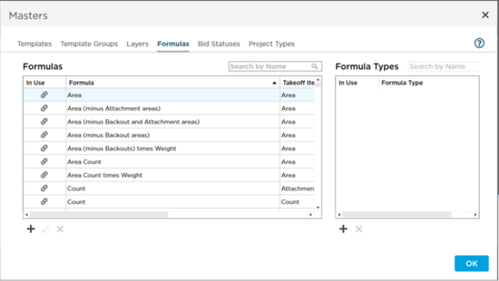 Masters dialog box - Formulas tab