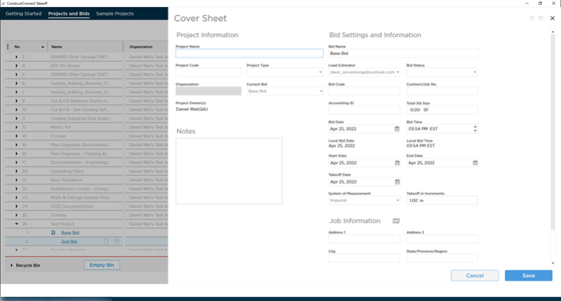 project settings and bid cover sheet