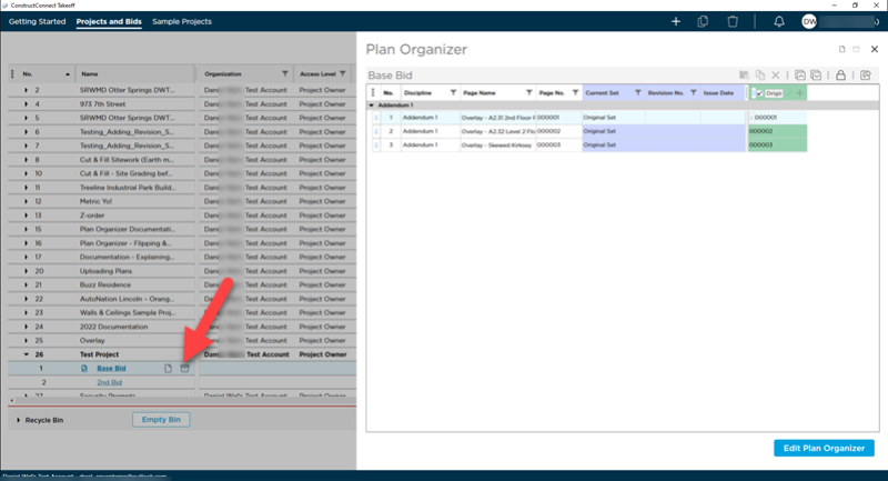Project and Bids List with Plan Organizer Open