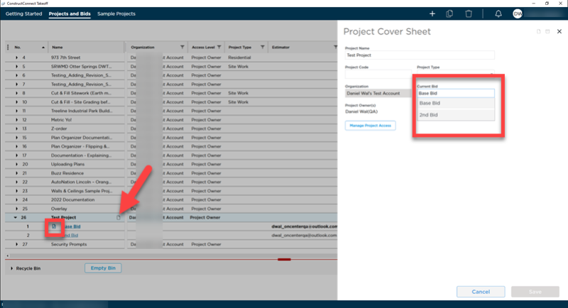 Project Cover Sheet open showing relationship between Current Bid and Current Bid Indicator in Projects and Bids List