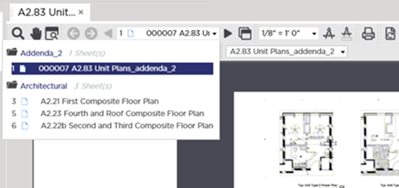 Takeoff Tab Sheet Navigator showing list of available Sheets