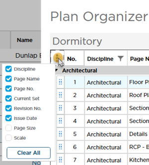 List of available columns that can be shown or hidden: Discipline, Page Name, Page No. Current Set, Revision No, Issue Date, Page Size (*), and Scale (*).