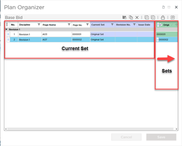 Plan Organizer screen Current Set highlighted