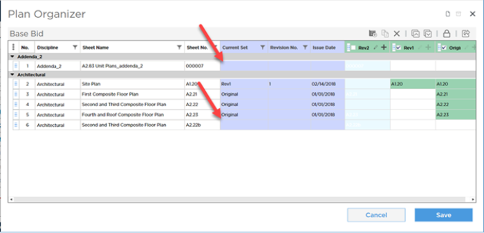 Plan Organizer showing Pages with no Current Set plan