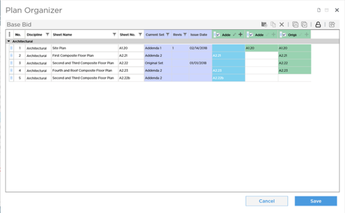 Plan Organizer setup to show several Plan Sets and several Plans and Sheets