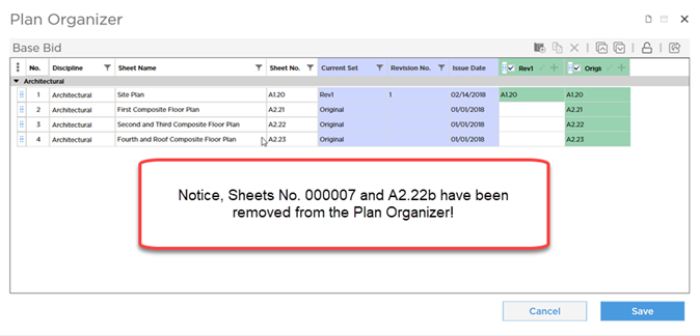 Plan Organizer showing Pages removed