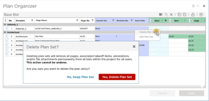 Deleting a plan set requires confirmation of action.