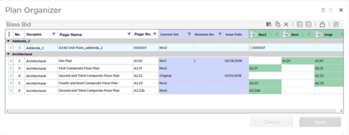 Plan Organizer setup to show several Plan Sets and several Plans and Sheets