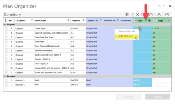 open the Plan Set Editor by clicking the Editor button or right-clicking within the Plan Set column