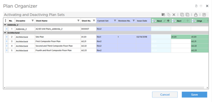 Plan Organizer setup to show several Plan Sets and several Plans and Sheets