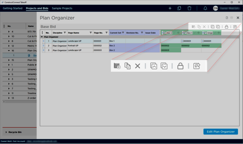 Plan Organizer toolbar