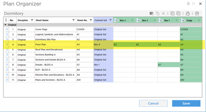 Plan Organizer showing multiple revisions for a Page