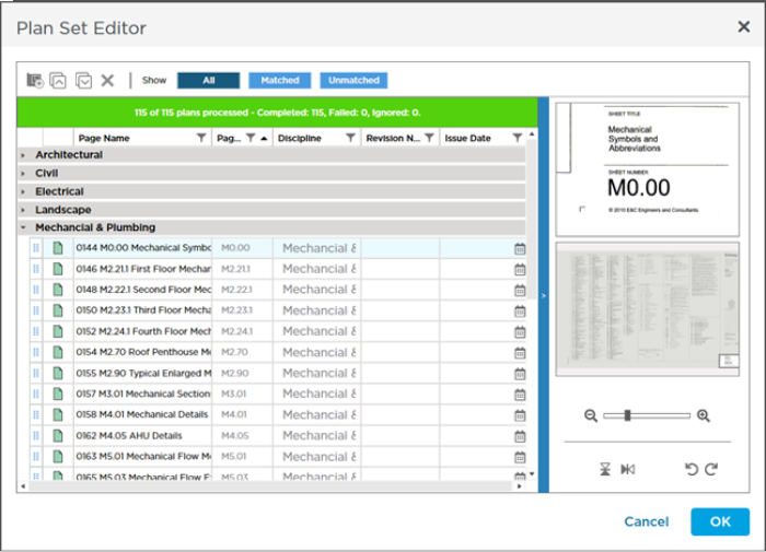 Plan Set Editor showing plans grouped into several Disciplines