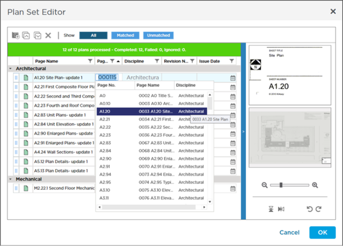 Use the Sheet No drop-down to match to existing Pages