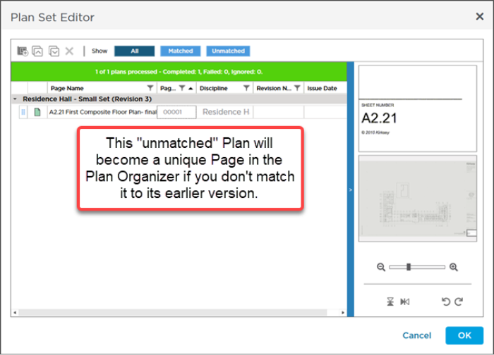 Plan Set Editor, new plans not matched