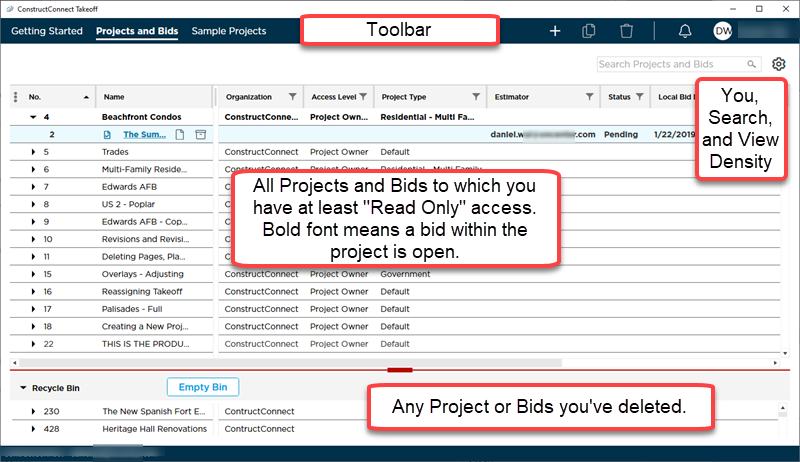 projects and bids list for ConstructConnect Takeoff