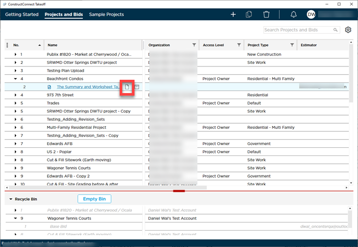 ConstructConnect Takeoff Projects and Bids List with an arrow pointing to the Bid Cover Sheet button