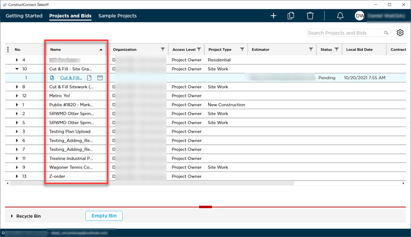 sort the Projects and Bids List