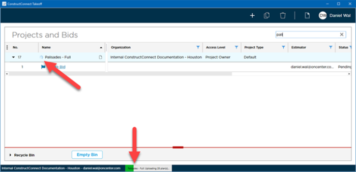 Project and Bids List showing upload indicator and progress bar