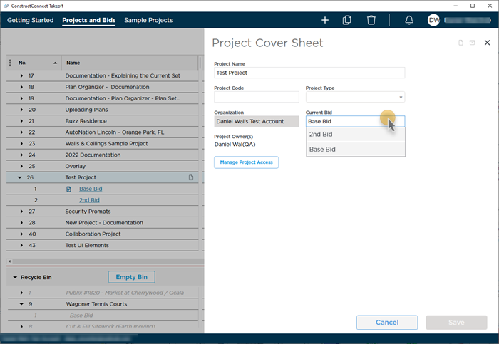 The ConstructConnect Takeoff Project Cover Sheet showing the Set Current Bid drop-down