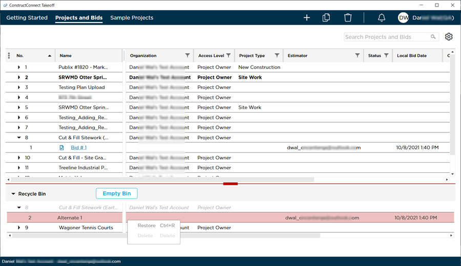 Right-click on a project or bid to restore (or permanently delete) it