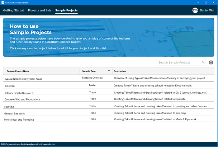 CC-Takeoff Sample Projects Tab