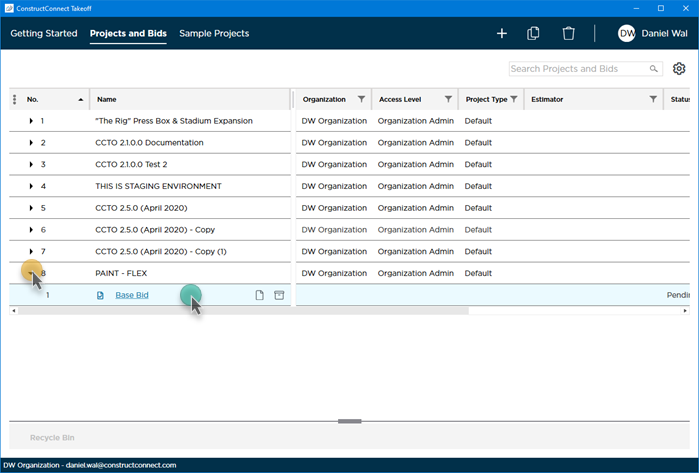 Opening Sample Project from Projects and Bids List