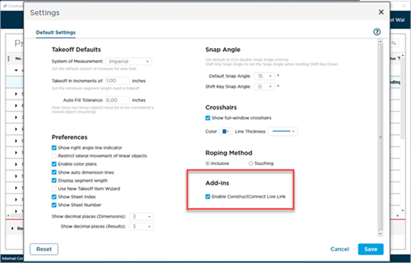 ConstructConnect Excel Live Link option in CCTO