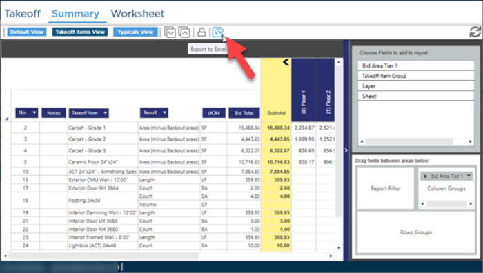 Summary Tab indicating the Export to Excel button