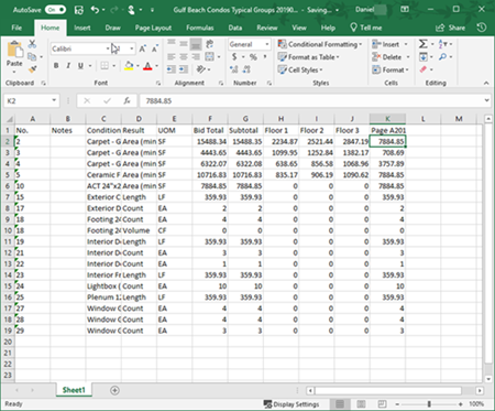 Excel showing exported Summary Tab data