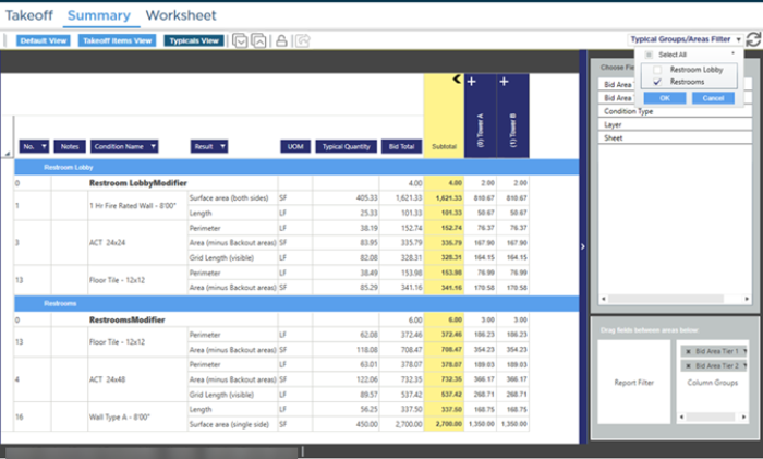 Summary Tab showing Typical Group-Area Filter control activated