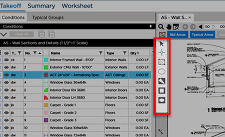 takeoff tab - Area Takeoff Item selected  area takeoff toolbar showing