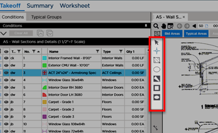 takeoff tab - Area Takeoff Item selected, area takeoff toolbar showing