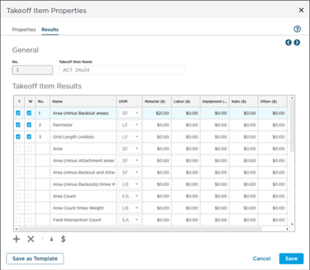 Area Takeoff Item Properties - Results