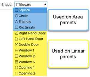 Attachment Takeoff Item Shapes are specific to linear or area parents - geometric shapes are for areas, openings are for linears.