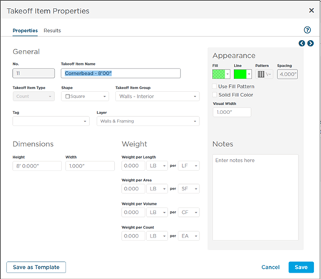 Count Takeoff Item Properties dialog box