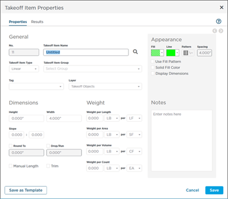 new Linear Takeoff Item Properties dialog box