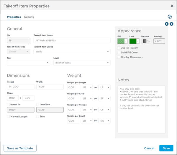 Takeoff Items Properties dialog box - Properties tab