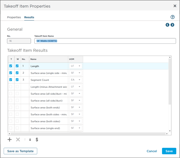 Takeoff Items  Properties dialog box - Results tab