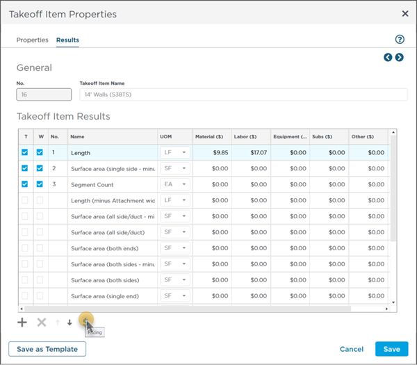 Takeoff Items  Properties dialog box - Results tab showing Pricing columns