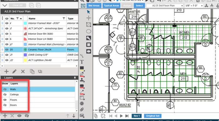 when you hide some layers, it is easier to identify takeoff for selected Conditions