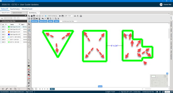 Takeoff Tab showing three <em>closed</em> linear objects