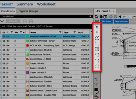 Takeoff Tab showing the Linear Takeoff Tools toolbar after a Linear Takeoff Item is selected