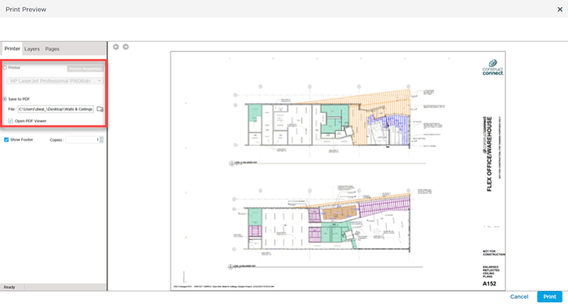 Print Preview window open to Printer tab (output selection)