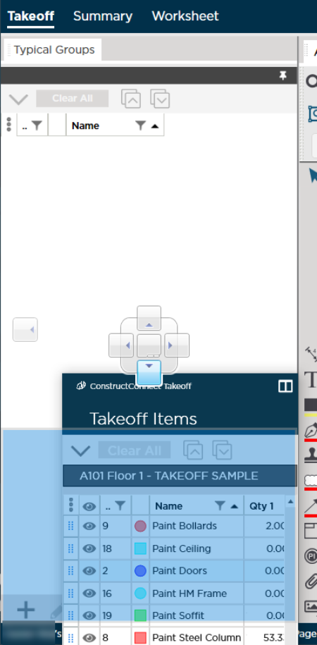 Takeoff Tab - redocking a pane - before