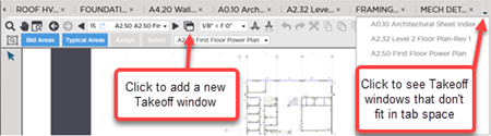 Takeoff Tab showing the New Takeoff Window button and the Takeoff Window selector
