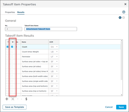 Takeoff Item Properties Results List highlighting Worksheet Tab results