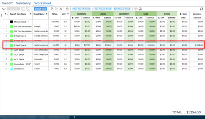 Worksheet Tab - single Takeoff Item highlighted